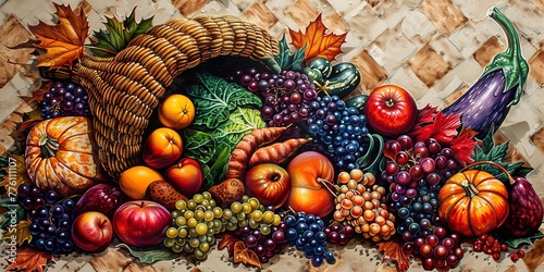 Cornucopia overflowing, vibrant fruits and vegetables, centerpiece for banner