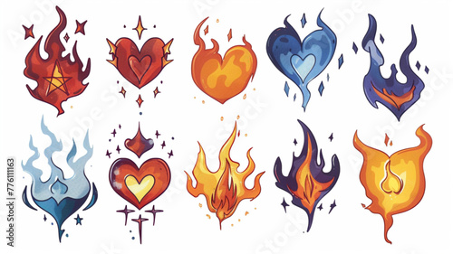 Set of y2k flame elements  star  fire and heart shape. Tattoo art hand drawn stickers. Aesthetic of 90s  2000s. Vector isolated illustration. studio style