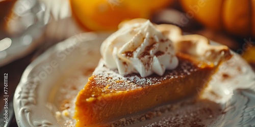 Pumpkin pie slice, whipped cream dollop, close-up, delicious frame for Thanksgiving 