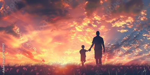 Dad and child holding hands, sunset silhouette, emotional banner background 