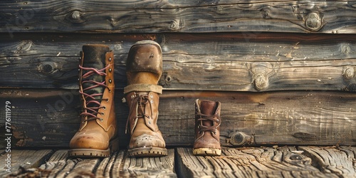 Father's old boots and child's shoes side by side, rustic wood background photo