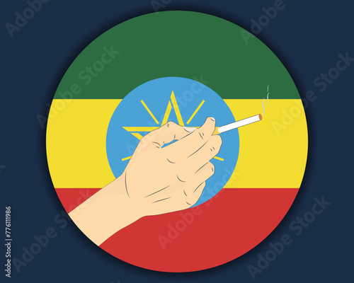 Holding a cigarette with Ethiopia flag, smoking and addiction idea