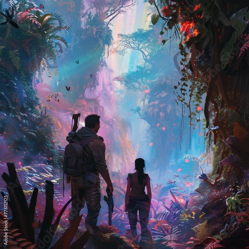 Two explorers in a fantasy jungle, vivid colors painting a tale of adventure and discovery amidst otherworldly flora