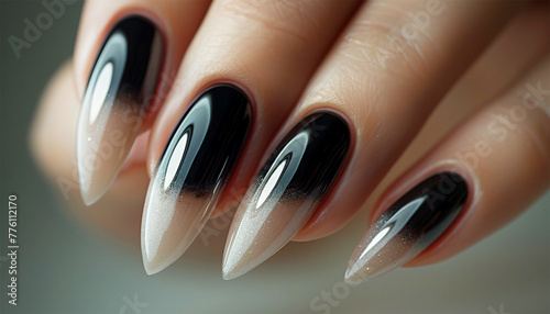 Nail extensions Beige and black. Manicure Beauty Fashion Model Girl with Black nails close up photo
