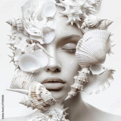Fashion portrait of beautiful woman with seashells on her face