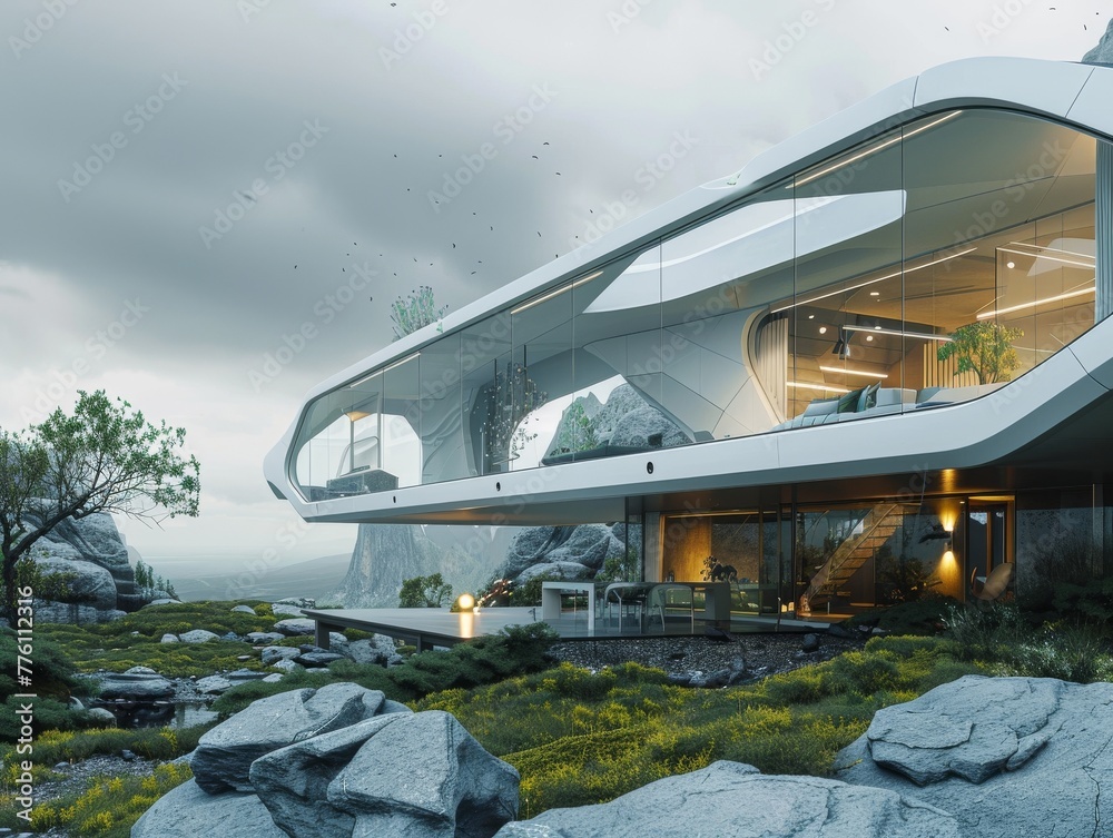 Ultra-modern architecture featuring a futuristic eco-friendly home with panoramic views nestled in nature Ultra-modern architecture featuring a futuristic eco-friendly home with panoramic views nestled in nature