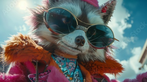 Exuberant anthropomorphic fox decked in flamboyant attire with stylish sunglasses enjoying the sunny ambiance