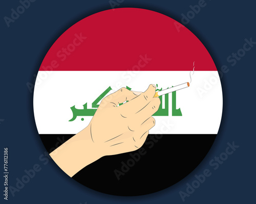 Holding a cigarette with Iraq flag, smoking and addiction idea