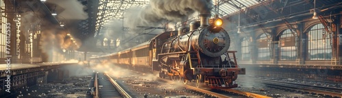 Vintage train station with steam locomotives and oldfashioned carriages , 3D illustration photo