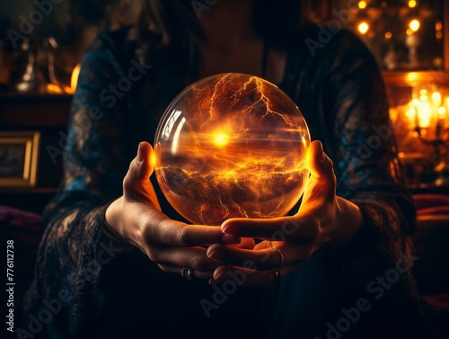 Crystal ball, glowing softly in a cozy living room, used by a witch for scrying in a high-tech world, illustrating the merge of old and new, photography, Rembrandt lighting, lens flare