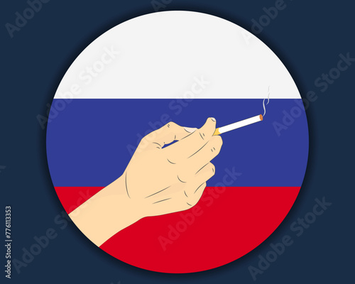 Holding a cigarette with Russia flag, smoking and addiction idea