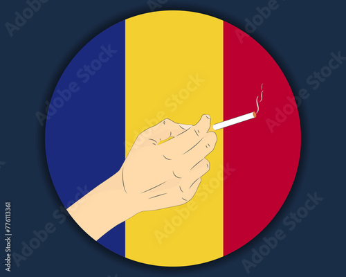 Holding a cigarette with Romania flag, smoking and addiction idea