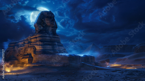 A fantasy version of ancient Egypt where the Sphinx comes to life under the neon moon, its riddles a test for the worthy photo