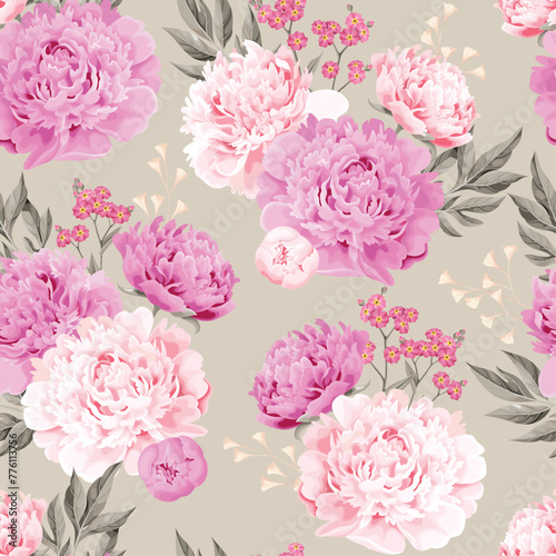 Pink and white peonies seamless background
