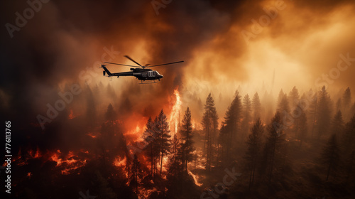 Natural Disaster  Forest Fire  Helicopter Extinguishing Flames.