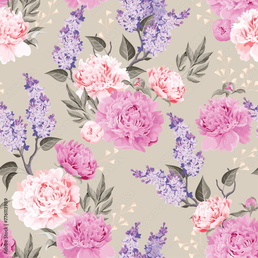 Peonies and lilac seamless background - obrazy, fototapety, plakaty 