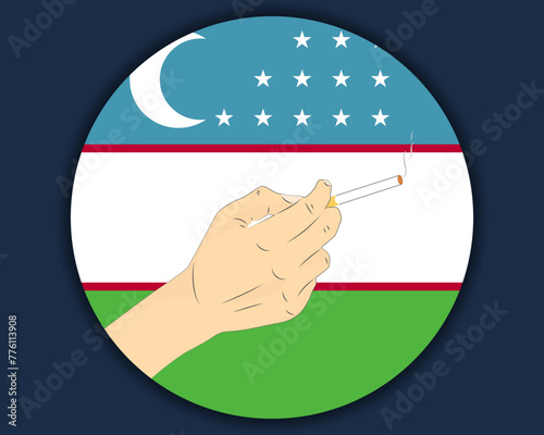 Holding a cigarette with Uzbekistan flag, smoking and addiction idea