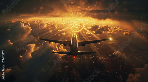 An airplane's wings illuminated by the last rays of sunlight, creating a spectacle in the evening sky.