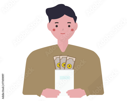 封筒からお金を出す男性。ベクターイラスト