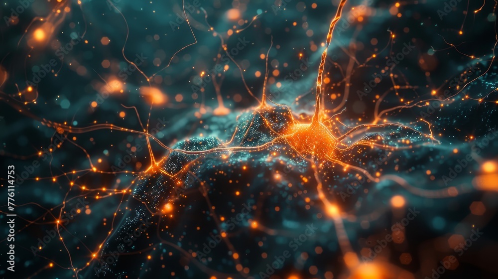 A close up of a brain with many orange and blue lights. Concept of complexity and mystery, as the brain is made up of many different parts and functions - obrazy, fototapety, plakaty 