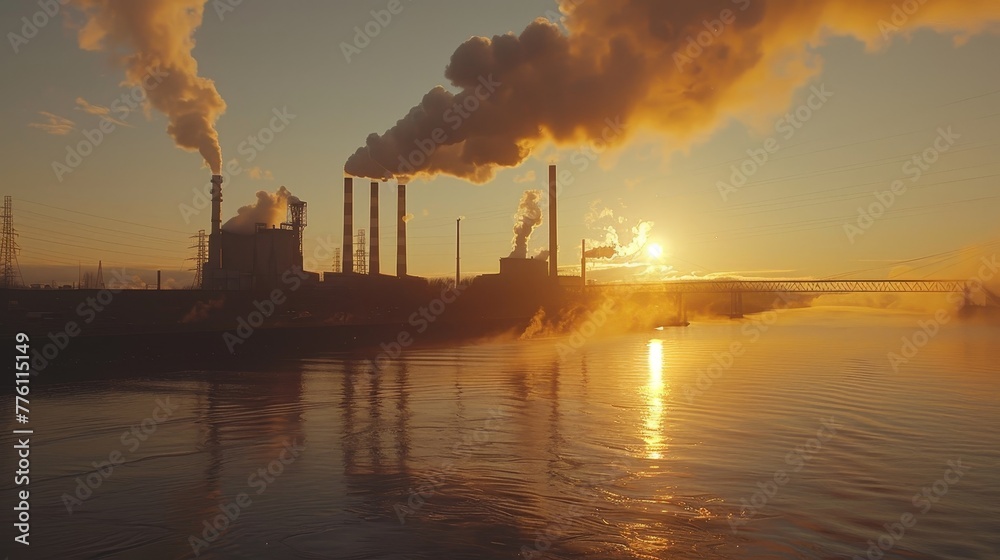 A large industrial plant is spewing smoke into the air. The sky is orange and the sun is setting