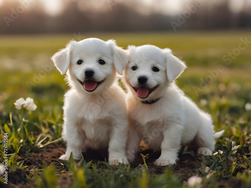 Two Golden retriever puppies outside in the park on the grass . © Sofir