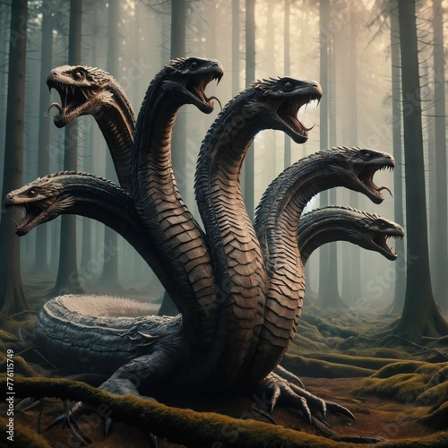 Hydra, a many-headed monster from ancient Greek mythology. When it loses a head, it grows two new ones. Water snake. Deadly breath and poisonous saliva. Lernaean Hydra or Hydra of Lerna. Generative AI photo