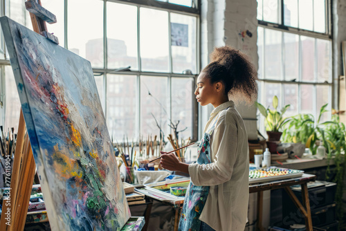 Inspired black female artist paints on a large canvas in her bri photo