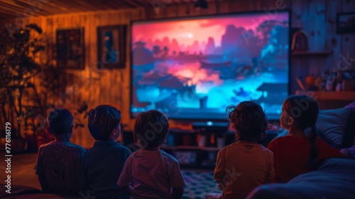A group of children are sitting on a couch in front of a television. The television is showing a cartoon with a blue sky and a red sunset. The children are watching the cartoon