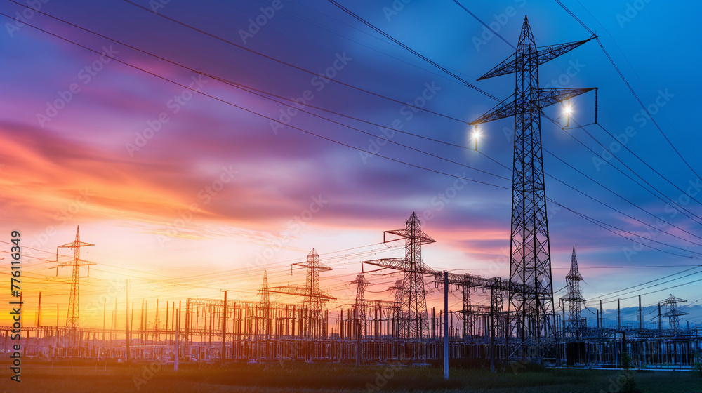 Fototapeta premium high voltage electrical wire supply network station for distribute electricity energy to town home and industry for business technology by electrical engineer