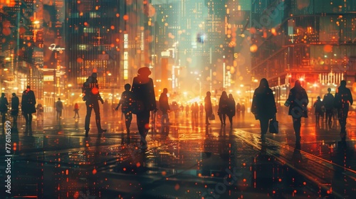 A city street with people walking in the rain. Scene is somewhat gloomy and dark, with the rain and the city lights creating a sense of isolation and loneliness