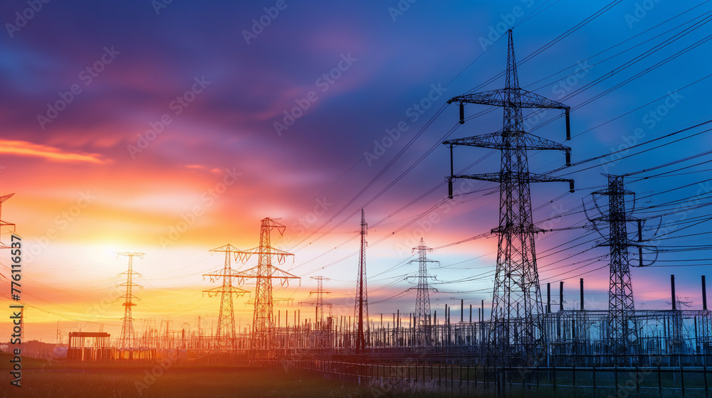 high voltage electrical wire supply network station for distribute electricity energy to town home and industry for business technology by electrical engineer