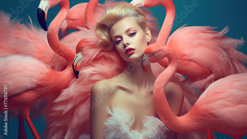 Creative portrait of young woman with flamingo