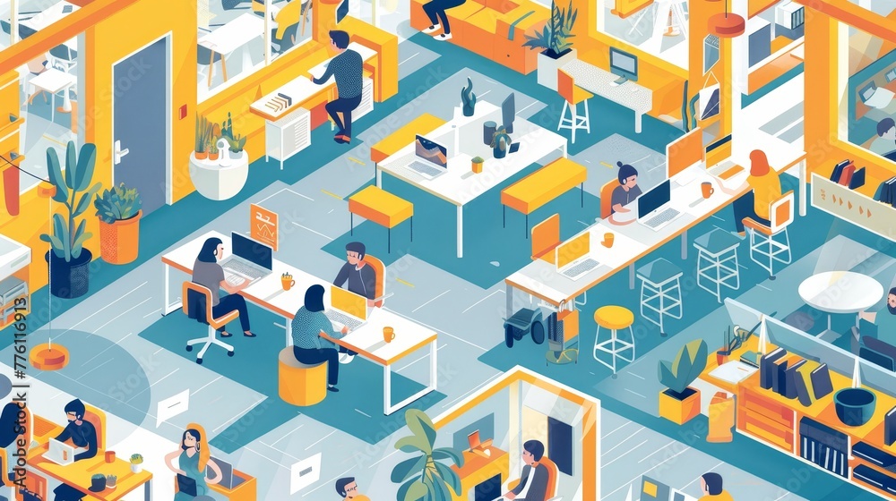 A drawing of a busy office with people working at their desks. Scene is busy and productive