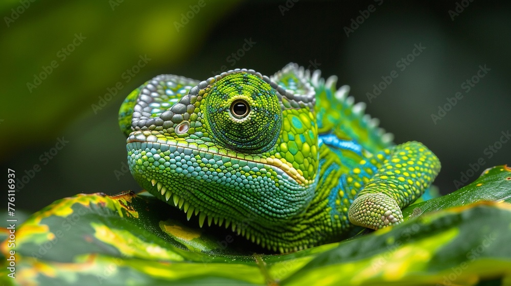Vivid closeup of a green chameleon, texturerich scales gleaming, eyes mesmerizing, amidst lush foliage