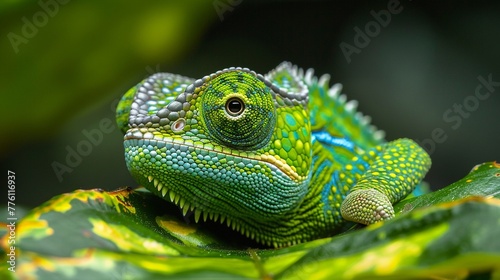 Vivid closeup of a green chameleon, texturerich scales gleaming, eyes mesmerizing, amidst lush foliage