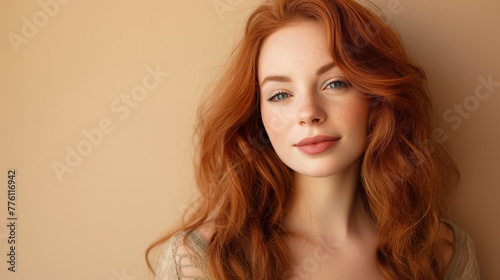 Young redhead woman posing isolated over beige wall background. Vibrant hair frames her face as she stands with poise, creating a captivating and eye-catching portrait