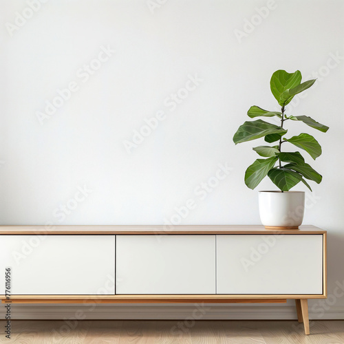 Template of minimalist design of a modern living room with white wooden sideboard closeup. Interior mockup with clean walls for pictures, posters, paintings, sculptures, and other wall art.  photo