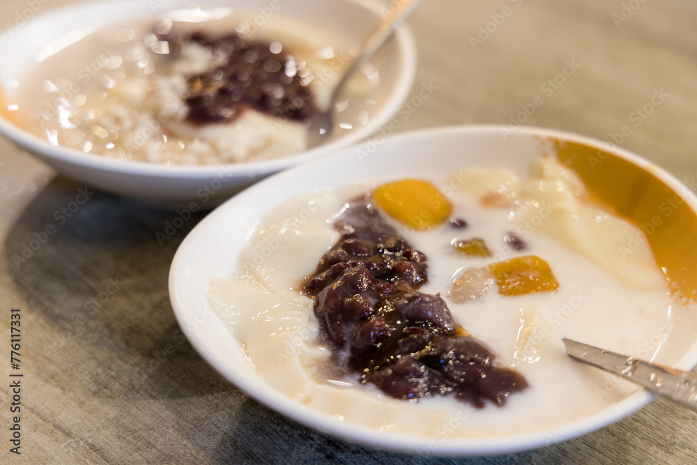 Tofu pudding with red bean, famous dessert in Taiwan Tofu pudding with red bean, famous dessert in Taiwan