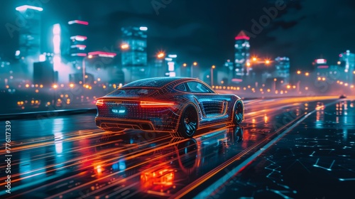 A car is driving down a wet road in a city at night. The car is surrounded by neon lights and the city skyline in the background. Scene is energetic and exciting