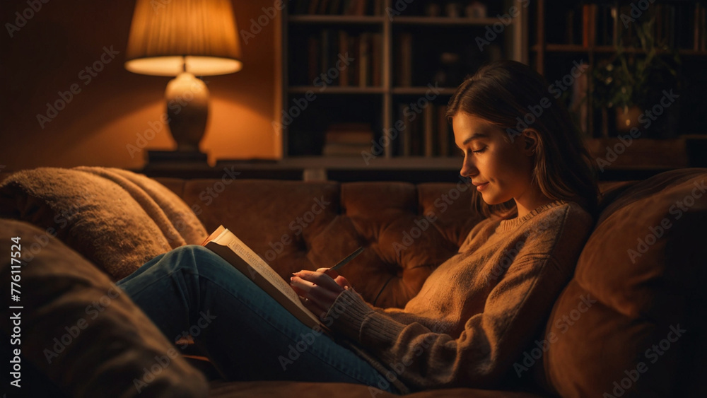 a woman, sitting on the sofa, reading a book a woman, sitting on the sofa, reading a book