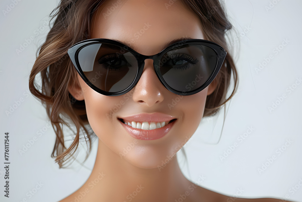 Closeup portrait of a beautiful woman wearing sunglasses happy and smiling Closeup portrait of a beautiful woman wearing sunglasses happy and smiling