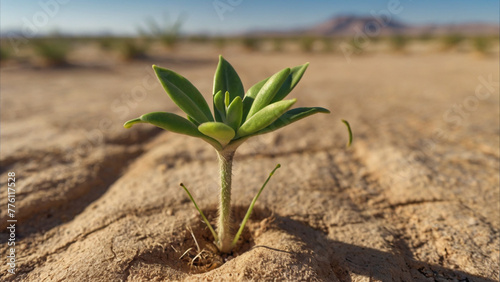 close-up photo of a germinated plant in extremely dry ground,8k,hdr,realistic,detalied photo