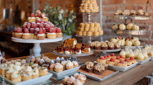 Dessert table with a variety of treats, cupcakes topped with raspberries, chocolate brownies, and lemon meringues, artfully arranged for a feast of sweets