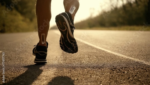 A dynamic rear view of a person running on an open road, focused on their modern running shoes, highlighting an active lifestyle