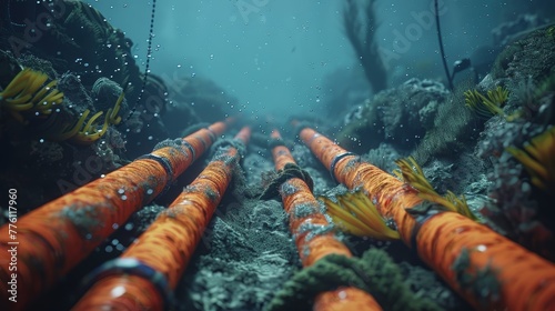 A series of orange pipes are submerged in the ocean. The pipes are connected to a larger structure, possibly a ship or a platform. The scene is dark and mysterious
