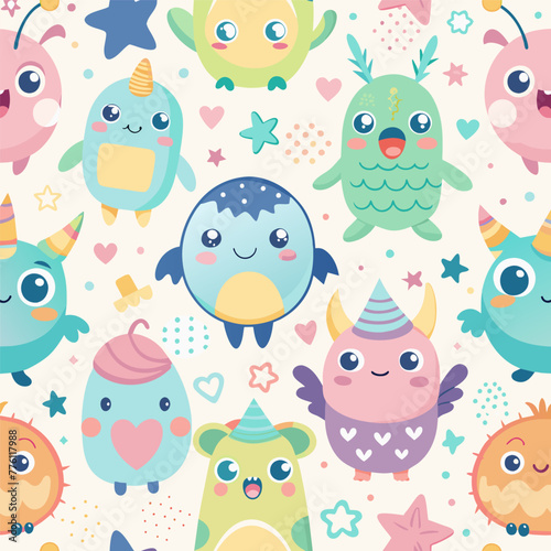 Alien and monsters cute seamless pattern