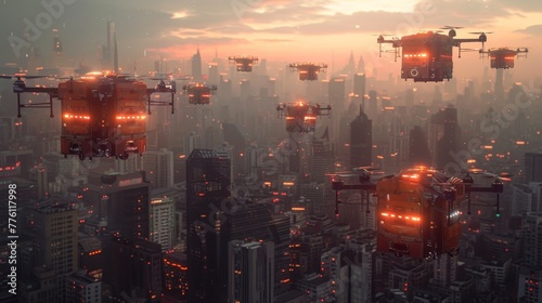 A cityscape with many drones flying in the sky. The drones are orange and black and are flying in different directions. Scene is futuristic and technological