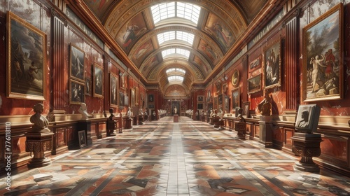 A long hallway with many paintings and statues. The paintings are of people and the statues are of people and animals