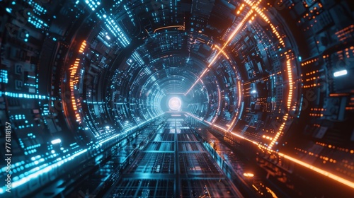 A futuristic tunnel with blue and orange lights. The tunnel is filled with many lights and it looks like a maze
